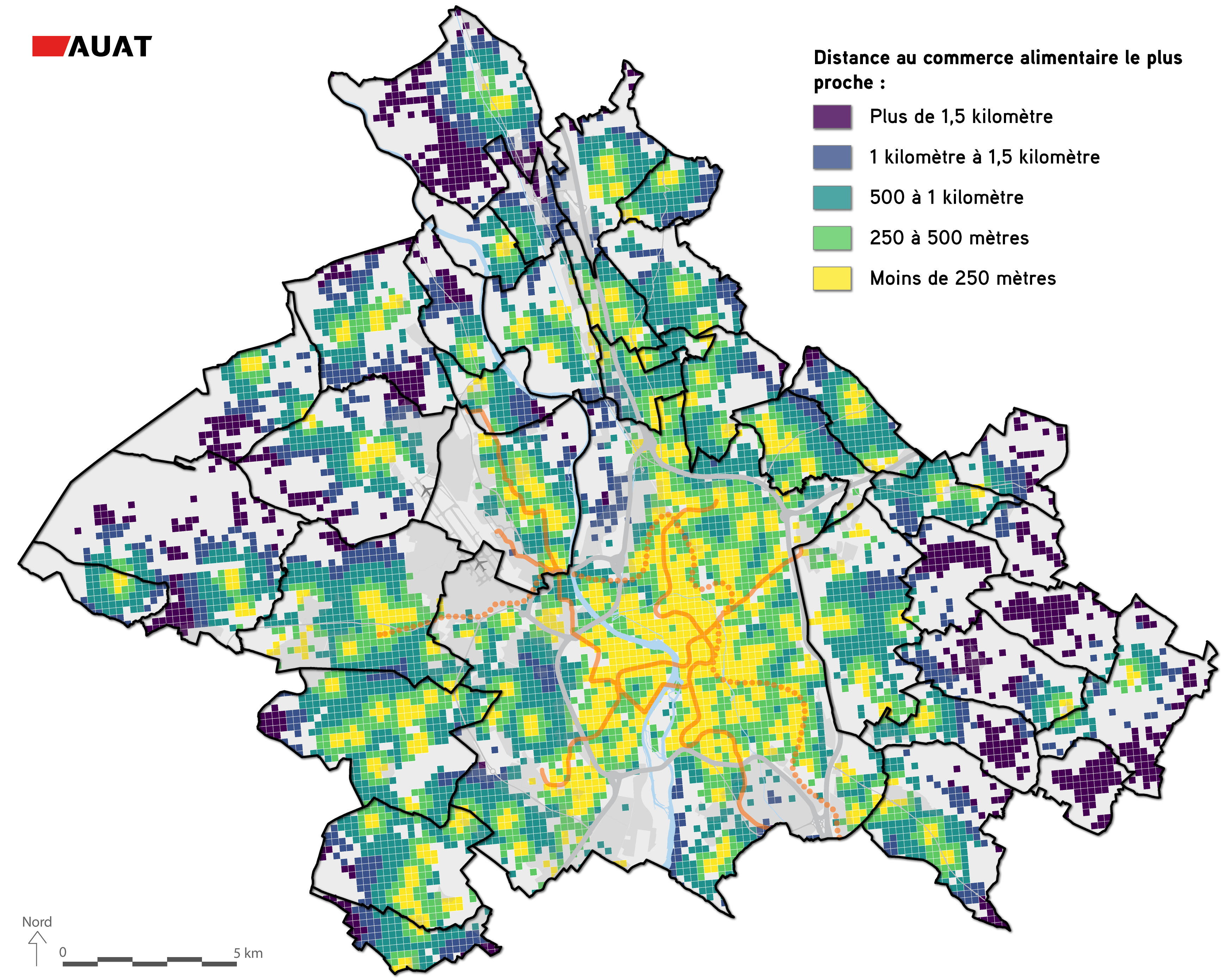 Représentation des distances qui séparent les habitants du commerce de proximité le plus proche, dans la métropole toulousaine - Carte AUAT 2021