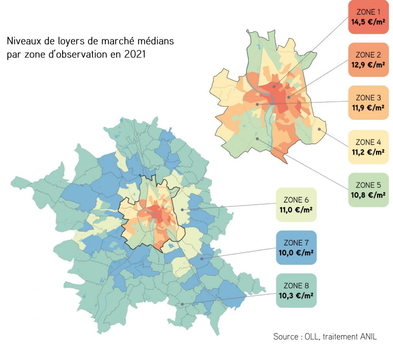 Carte sue les niveaux de loyers de marché médians par zone d'observation de l'agglomération toulousaine en 2021