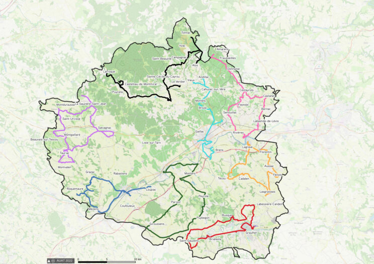 Carte des trajets réalisés début 2022 lors du diagnostic du territoire de la communauté d'agglomération de Gaillac-Graulhet