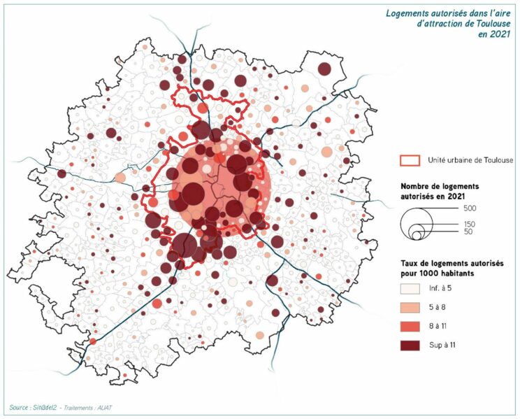 Carte représentants les logements autorisés en 2021 dans l'aire d'attraction de Toulouse