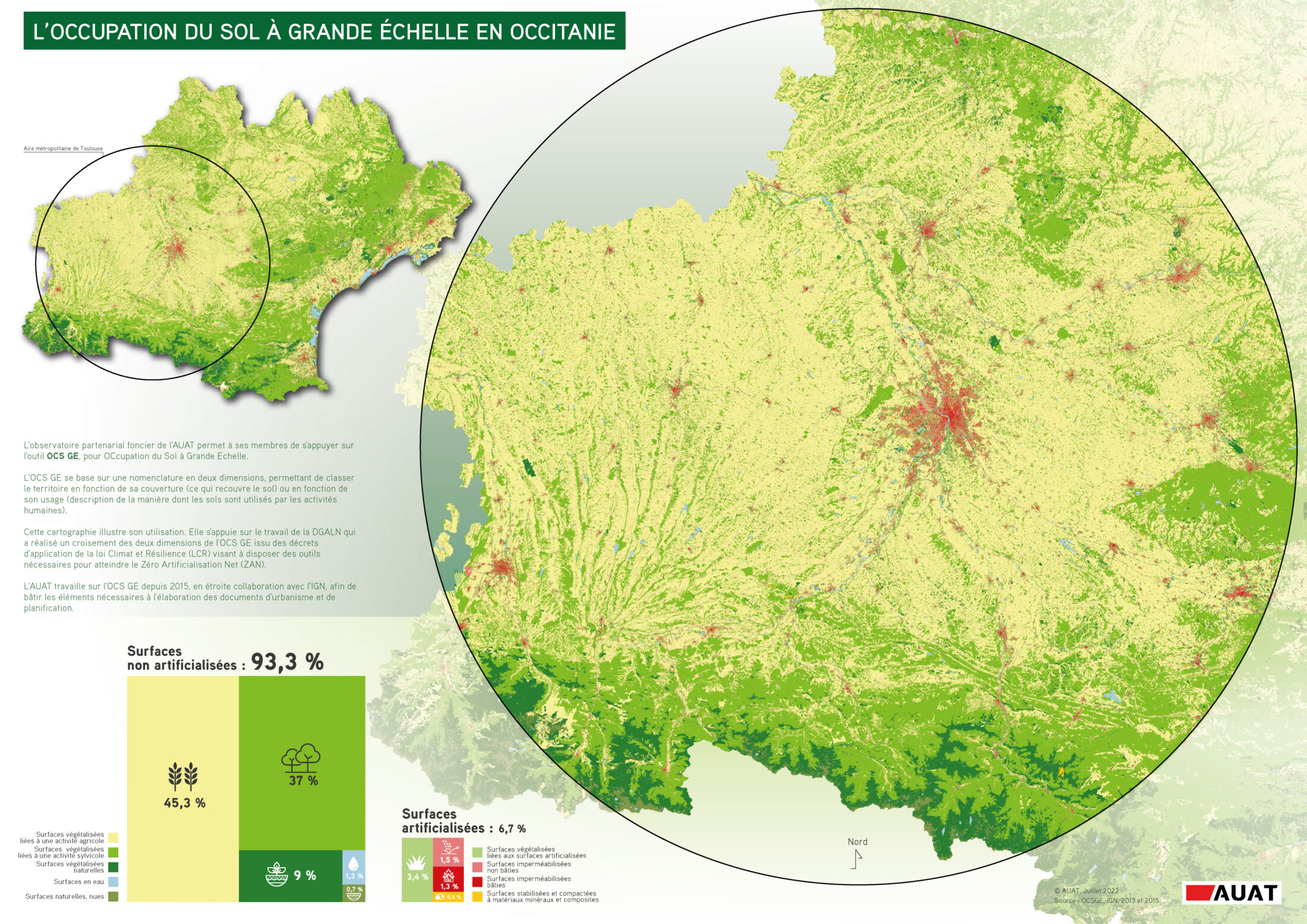 Représentation de l'occupation des sols en Occitanie réalisée par l'AUAT grâce à l'outil OCS GE