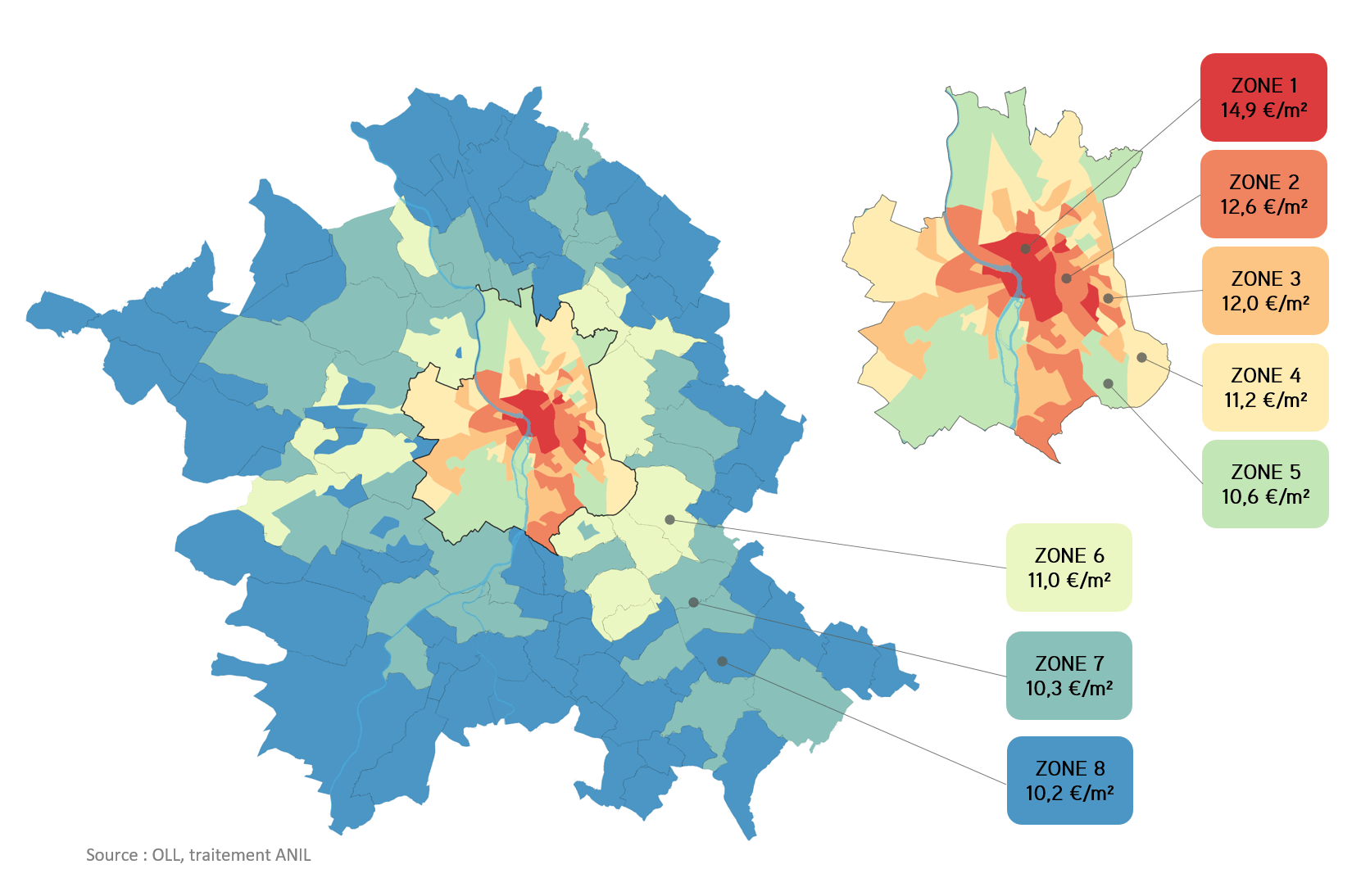 Cartographie représentant les niveaux de loyers médians par zones de l'agglomération de Toulouse en 2022