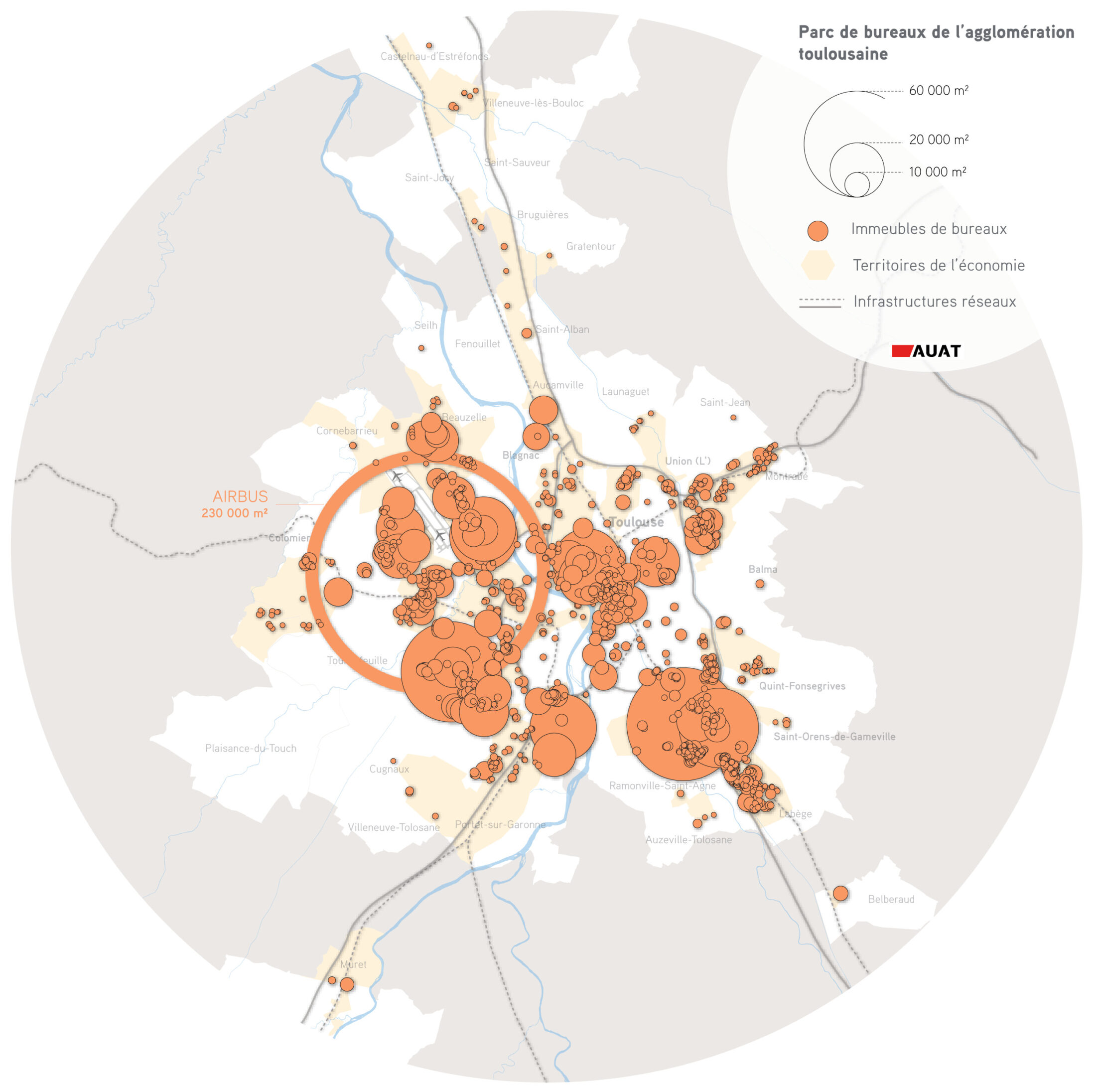 Carte représentant les emplacements des bureaux dans l'agglomération toulousaine en 2022
