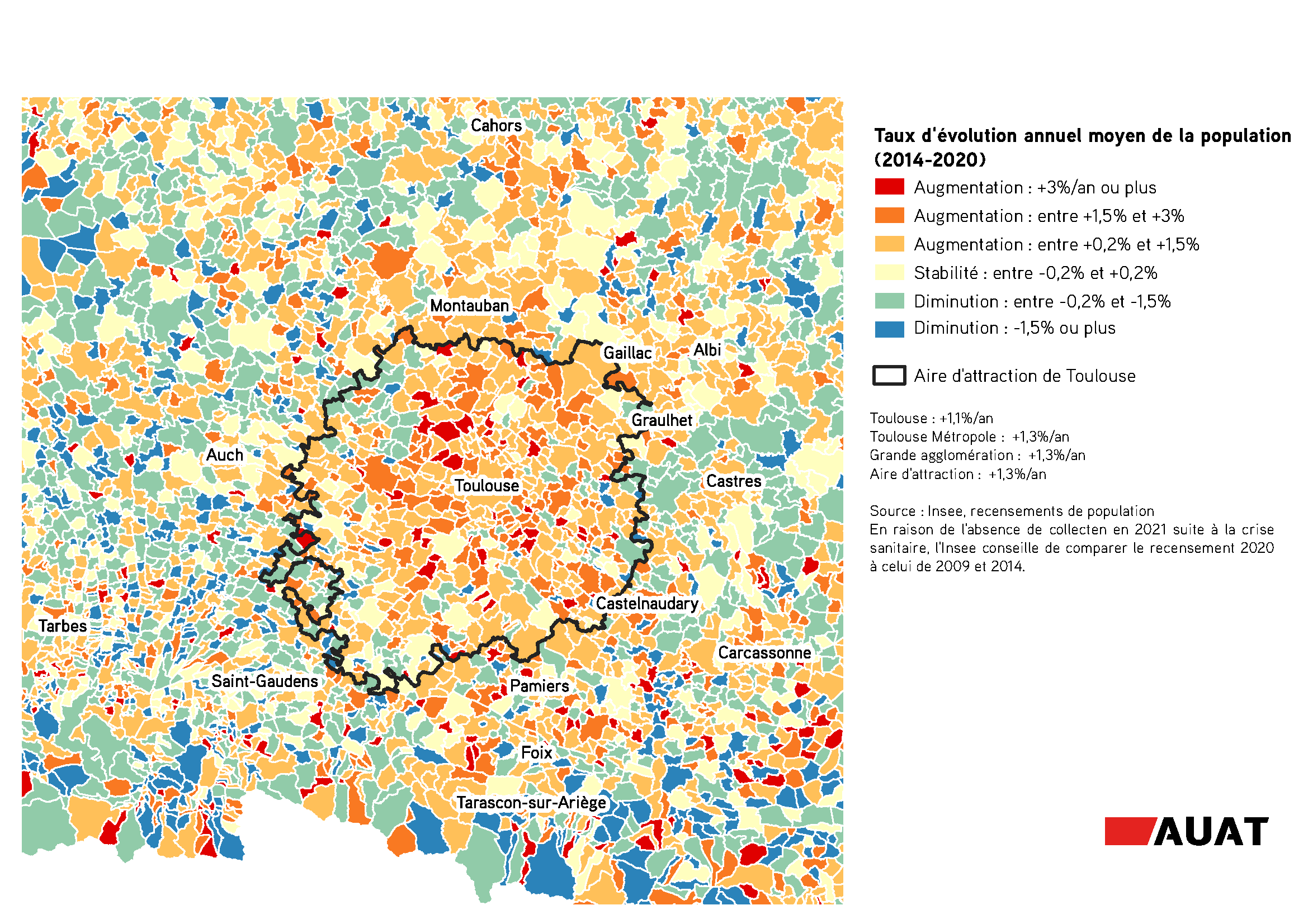 Cartographie de l'évolution de la population en moyenne par an, dans l'aire métropolitaine de Toulouse
