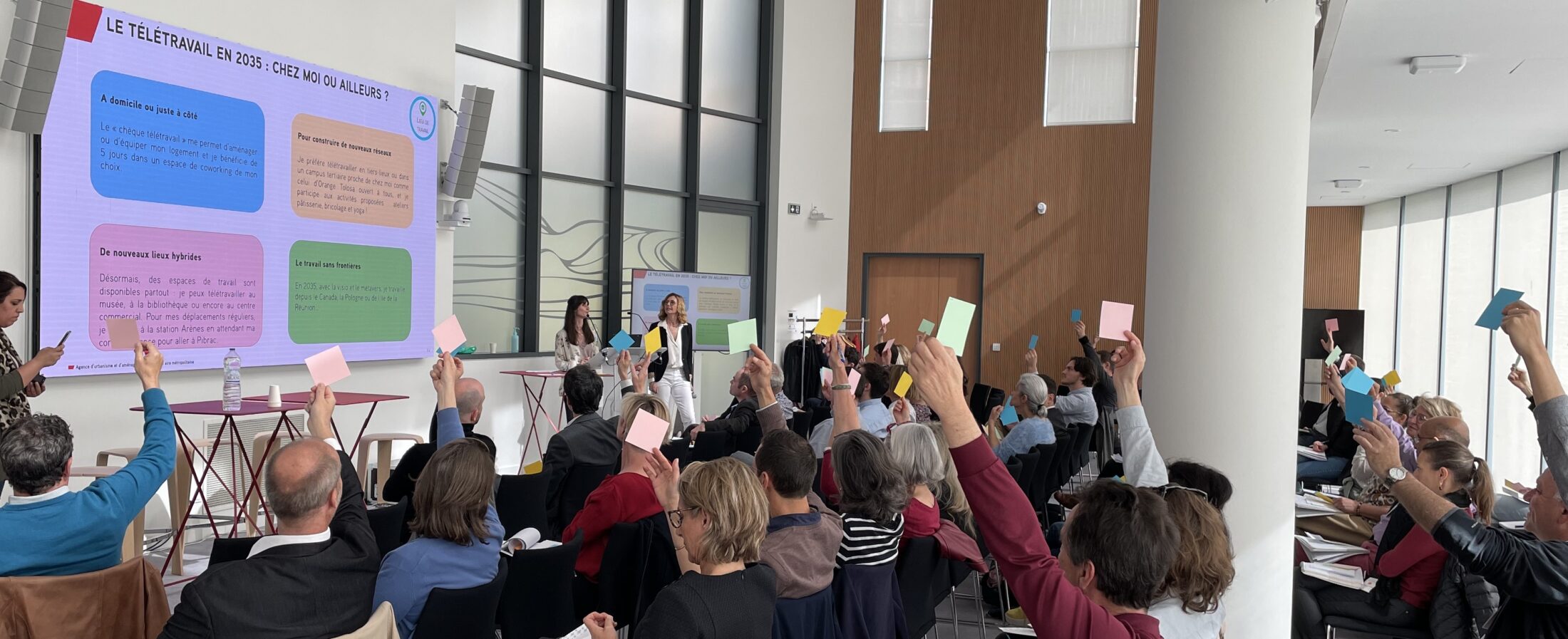 Quiz prospectif lors du séminaire de l'AUAT organisé le 10 mai 2023 : chaque participant a fait part de ses préférences pour des mini-récits sur le télétravail en 2035