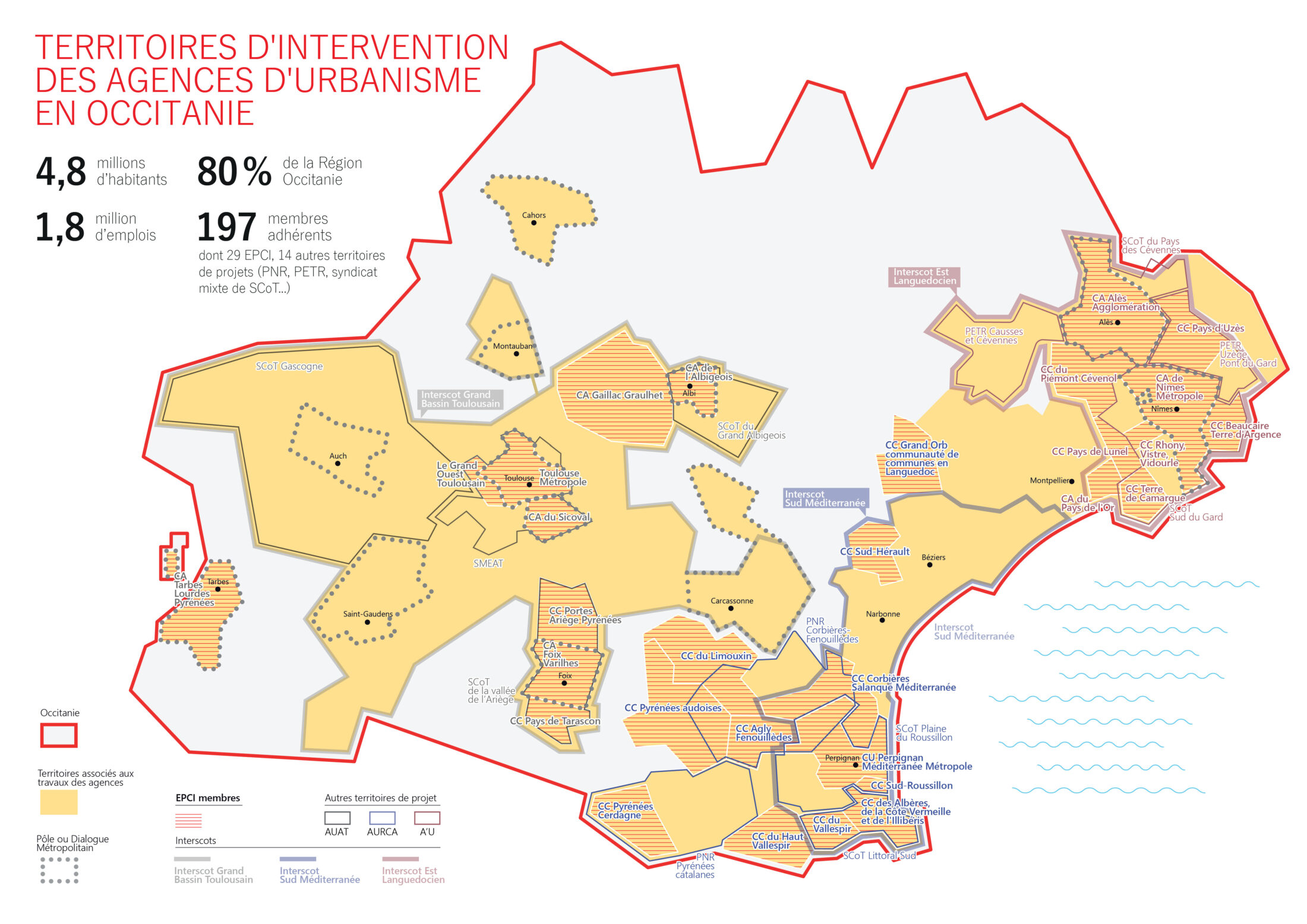 Cartographie des territoires d'intervention des agences d'urbanisme d'Occitanie