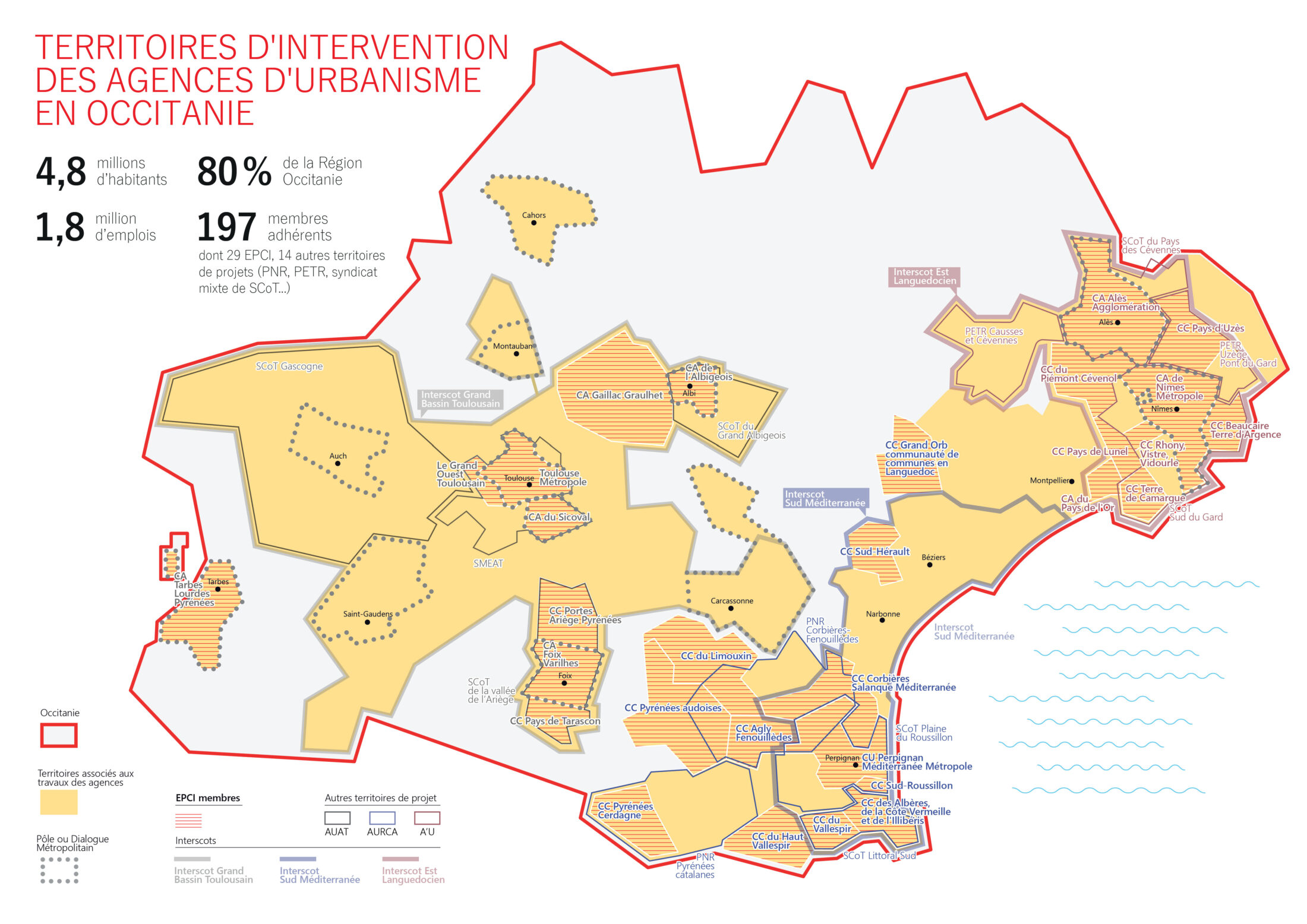 Cartographie des territoires d'intervention des agences d'urbanisme d'Occitanie