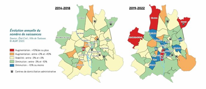 Cartographies présentant l'évolution des nombres de naissances dans la ville de Toulouse entre 2014 et 2018, puis entre 2019 et 2022