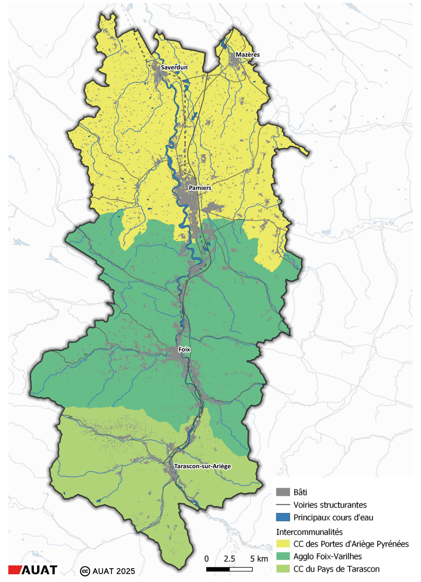 Cartographie de l'AUAT décrivant le territoire du SCoT de la Vallée de l'Ariège. On y voit les bâtis, les voiries structurantes, les principaux cours d'eau et les périmètres des intercommunalités des Portes d'Ariège Pyrénées, de Foix Varilhes et du Pays de Tarascon.