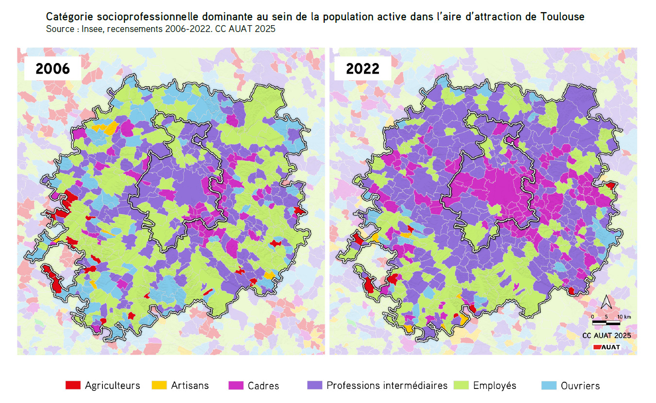 Cartographie représentant les catégories socioprofessionnelles dominantes au sein de la population active dans l’aire d’attraction de Toulouse en 2006 et en 2022