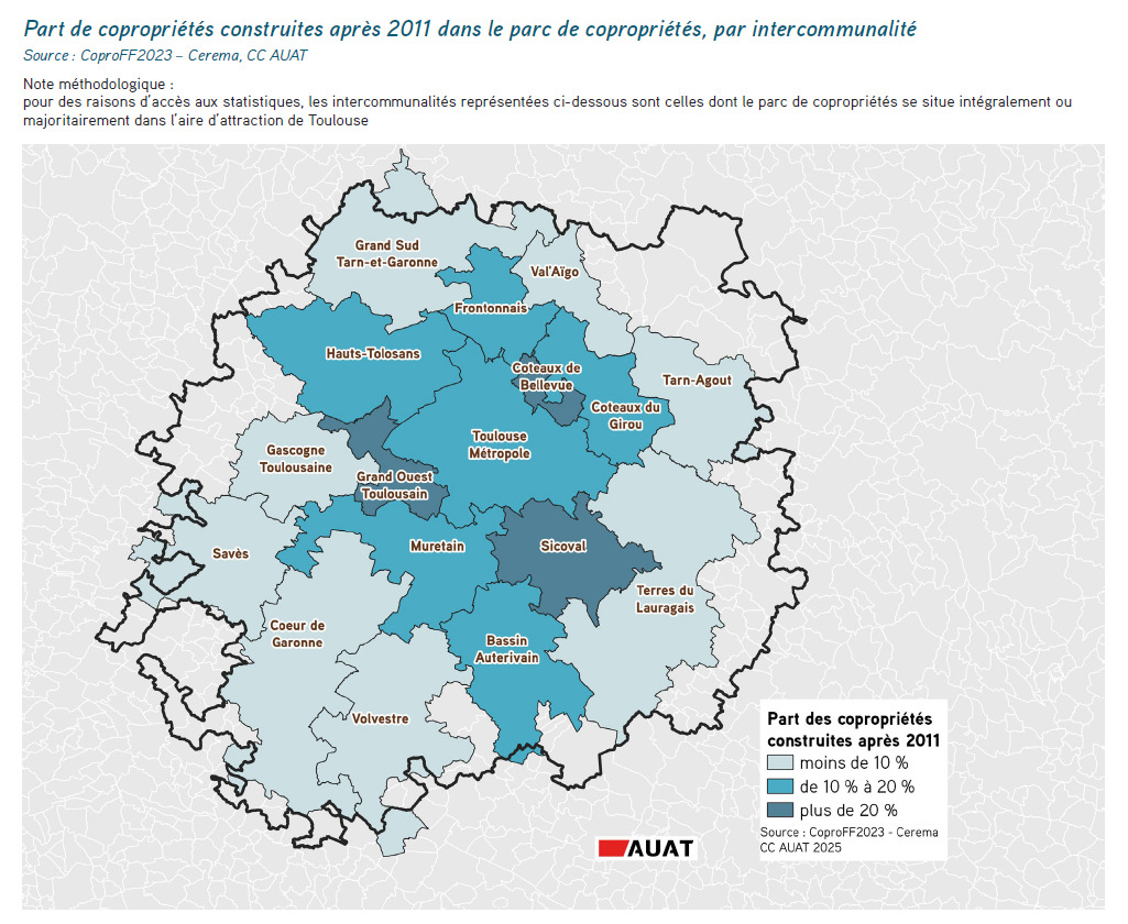 Cartographie de l'aire d'attraction de Toulouse montrant la part de copropriétés construites après 2011, par intercommunalité.