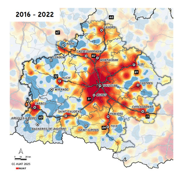 Cartographie sur l'évolution de la population de l'aire métropolitaine de Toulouse, par an et en moyenne, entre 2016 et 2021