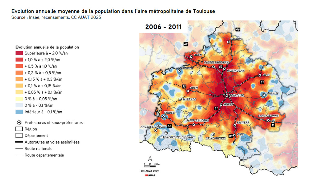 Cartographie sur l'évolution de la population de l'aire métropolitaine de Toulouse, par an et en moyenne, entre 2006 et 2011