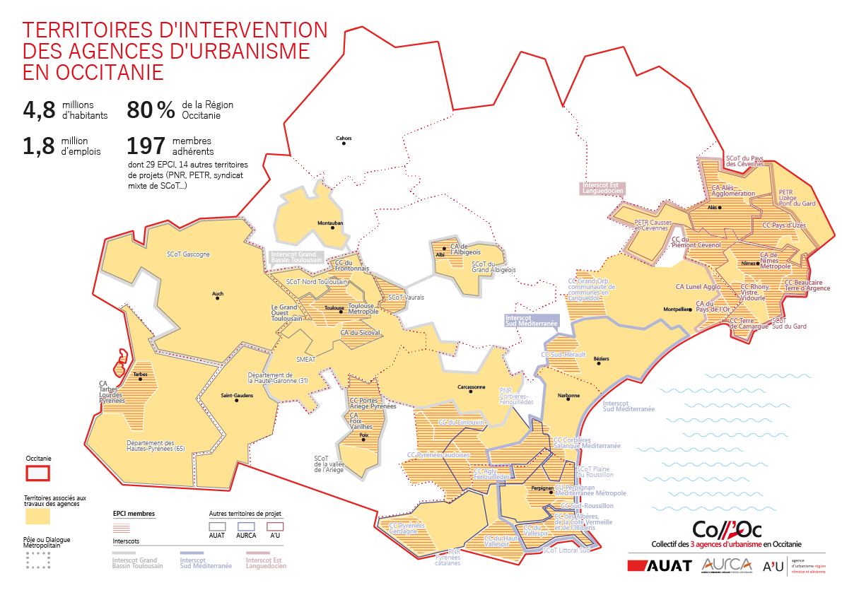 Cartographie des territoires d'intervention des agences d'urbanisme d'Occitanie