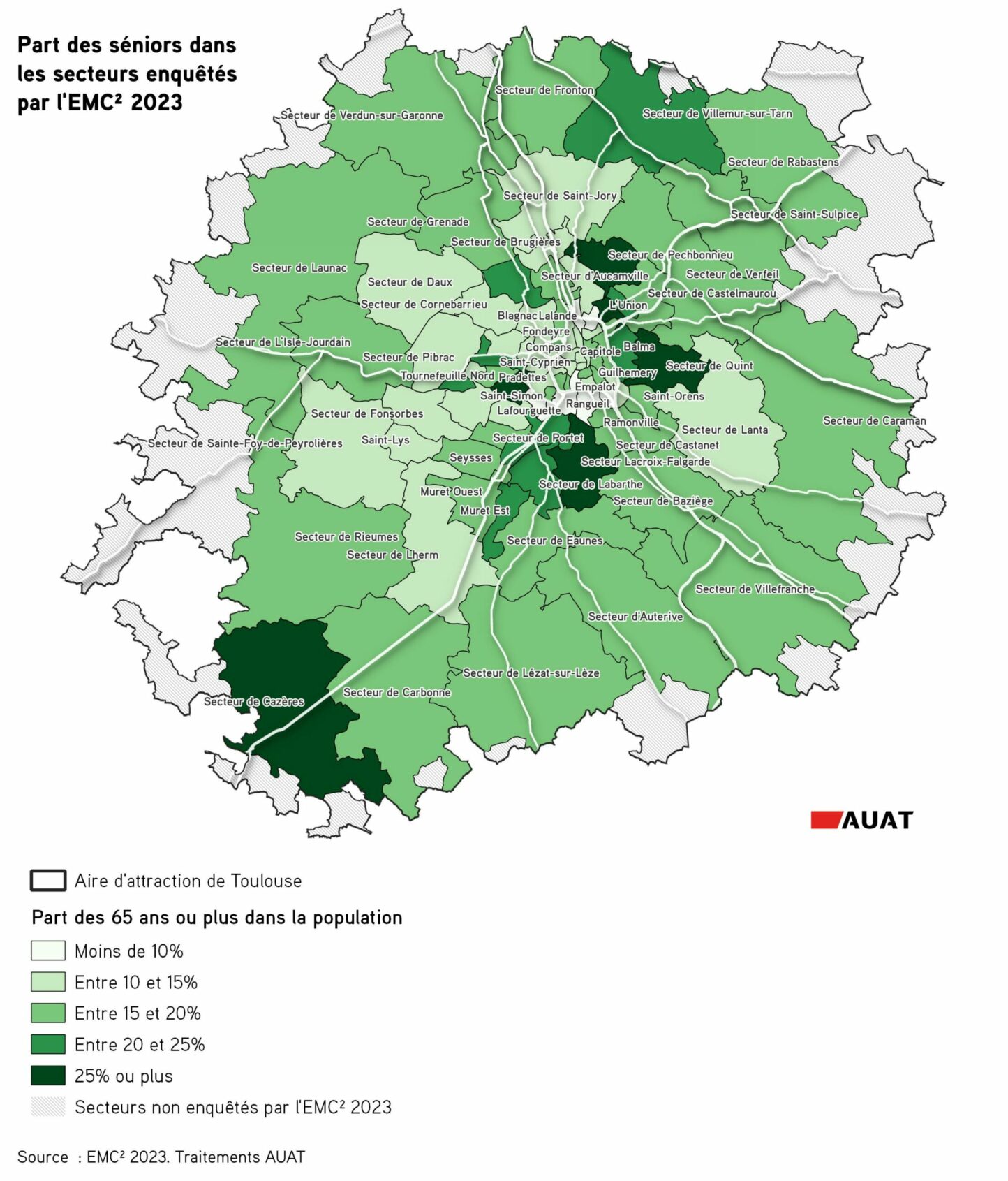 Cartographie représentant la géographie des séniors dans les secteurs enquêtés par l'EMC² 2023.