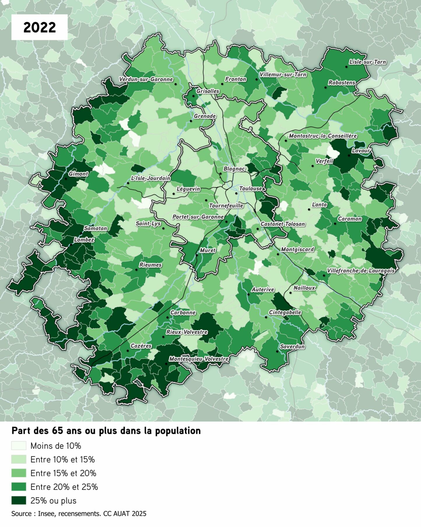 Cartographie représentant la répartition des habitants de 65 ans ou plus dans la population de l'aire d'attraction de Toulouse.