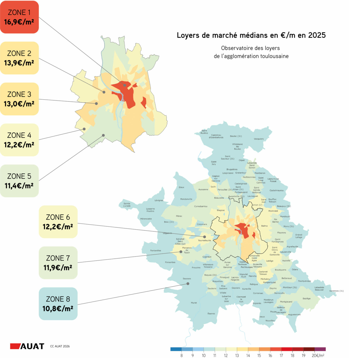 Cartographie de l'observatoire des loyers de l'agglom&eacute;ration toulousaine indiquant les loyers de march&eacute; m&eacute;dians en euros par m&sup2; en 2025