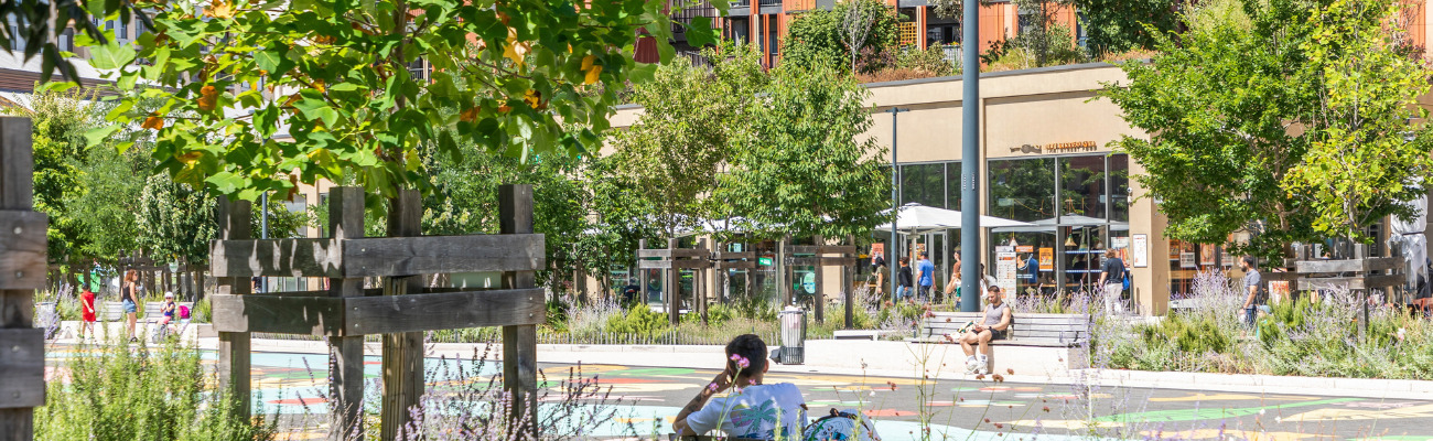 Photo du quartier de la Cartoucherie à Toulouse, montrant un environnement dense avec de la verdure. Crédit Oppidea Les Yeux Carrés