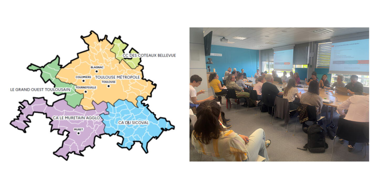 Deux visuels : l'un repr&eacute;sentant les territoires des 5 intercommunalit&eacute;s couvertes par le PPA de la grande agglom&eacute;ration toulousaine, l'autre les participants de la r&eacute;union du 16 avril 2026 organis&eacute;e &agrave; l'AUAT