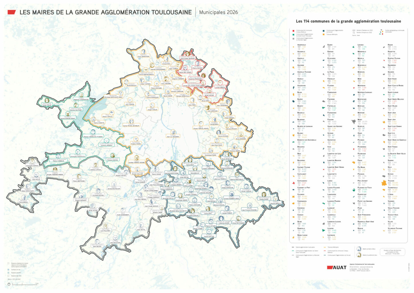 Carte situant les maires des communes de la grande agglomération toulousaine au lendemain des élections municipales de 2026