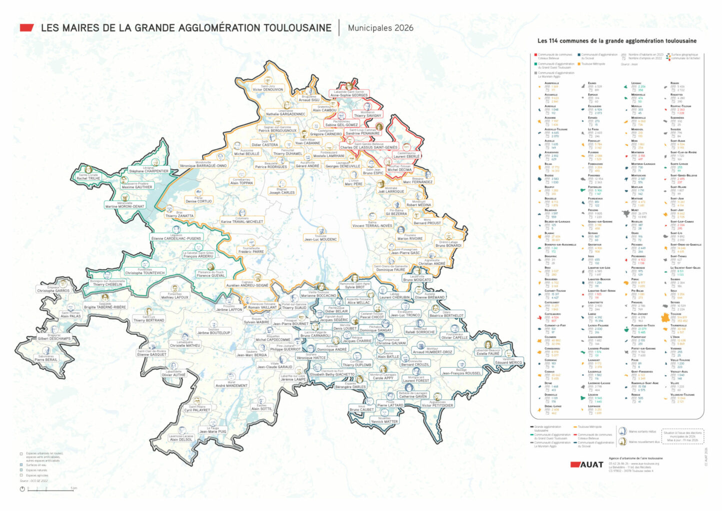 Cartographie des élus de la grande agglomération toulousaine mars 2026